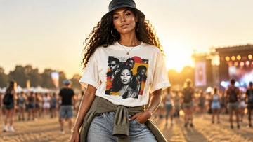 Late-summer festival outfit with a retro R&B graphic t-shirt, bucket hat, and lightweight layer