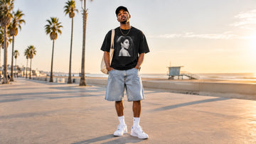 Model wearing a retro-inspired graphic t-shirt on a sunny summer boardwalk
