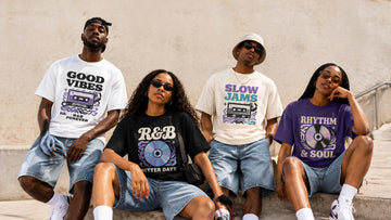 Diverse friends wearing retro-inspired summer streetwear and graphic music T-shirts outdoors