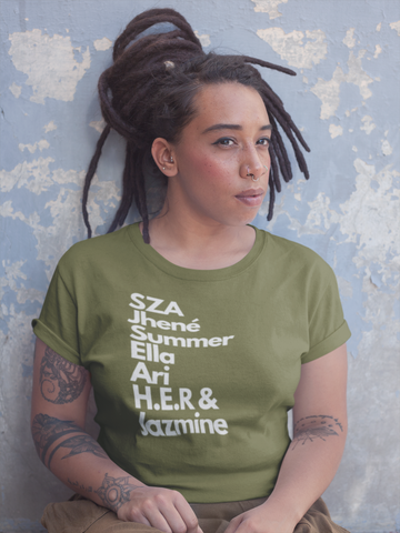 Taylor Plus One R&B Ladies Artist T-Shirt styled on a model